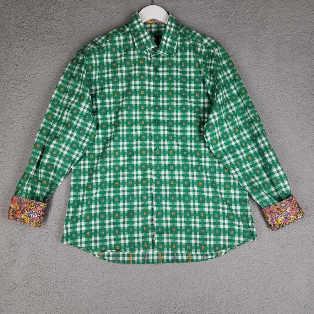 Bertigo Button Up Shirt Adult 2XL Green Plaid Floral Flip Cuff Office Church Men